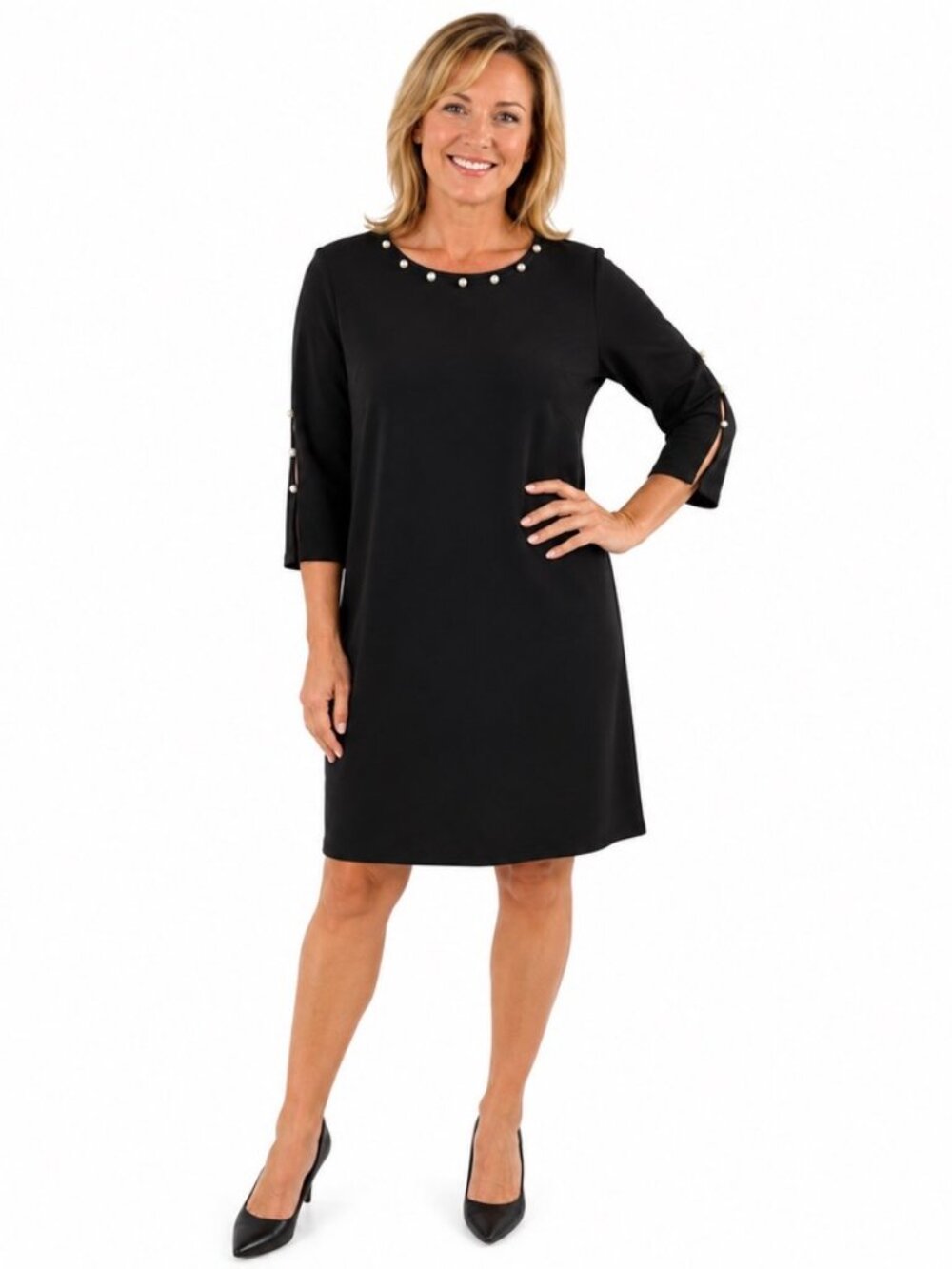 Roz & Ali Black Dress Women’s Size 14 Pearl Embellished Neckline Long Sleeve